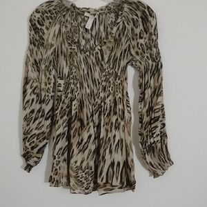 Dressbarn Y2K Style Boho V Neck Ruffle Leopard Print Petite Baby Doll Top